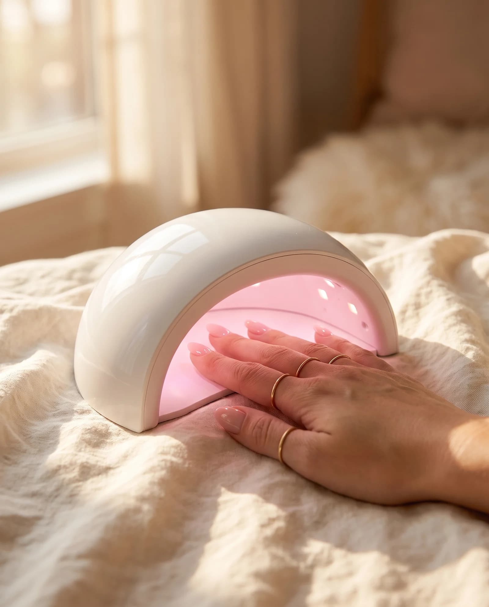 Main avec manucure semi-permanente rose en cure dans la lampe UV LED Lunanails